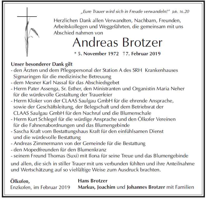 Danksagung Andreas Brotzer